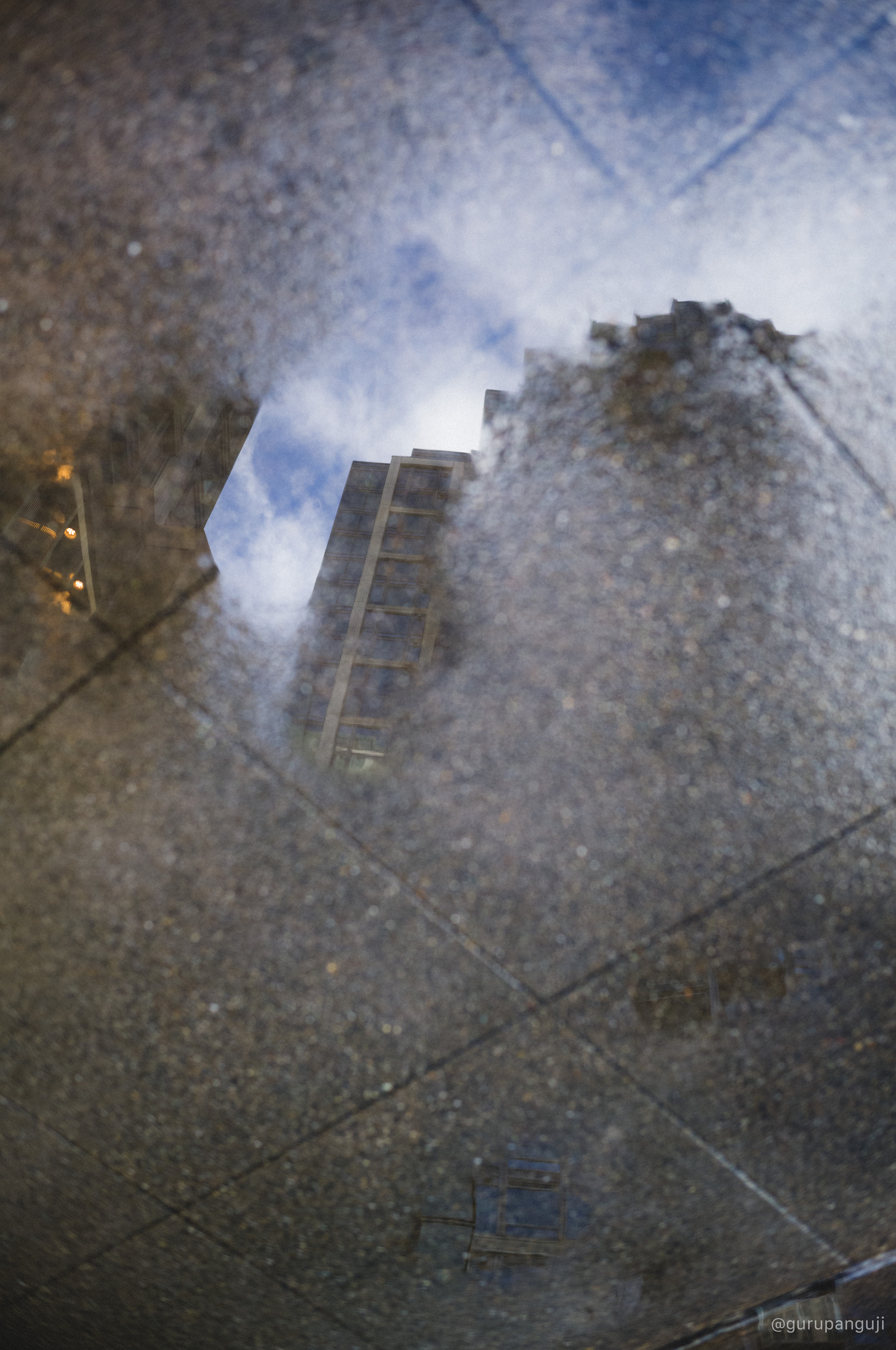 Reflection of buildings in a rain puddle